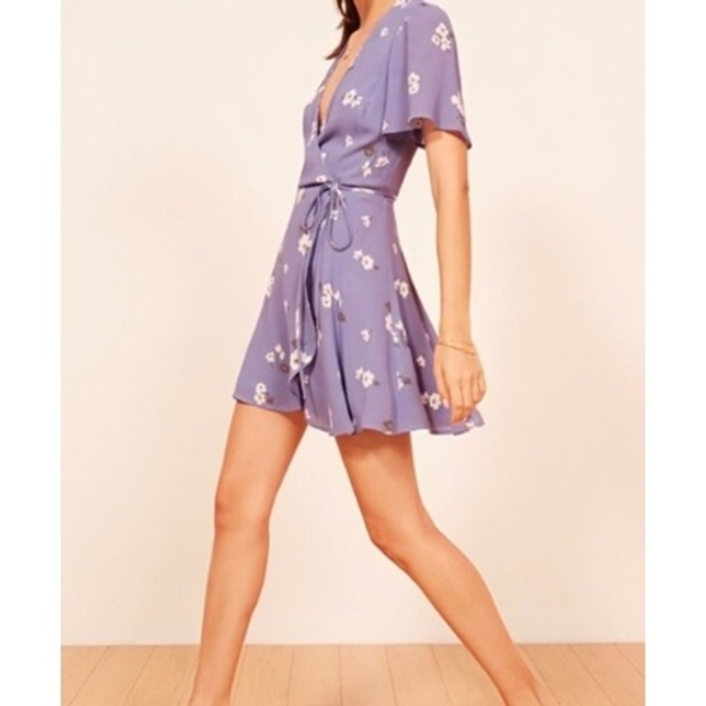 Reformation Adele Purple Floral Wrap Mini Dress Short Sleeve V-Neck Small - Picture 3 of 9